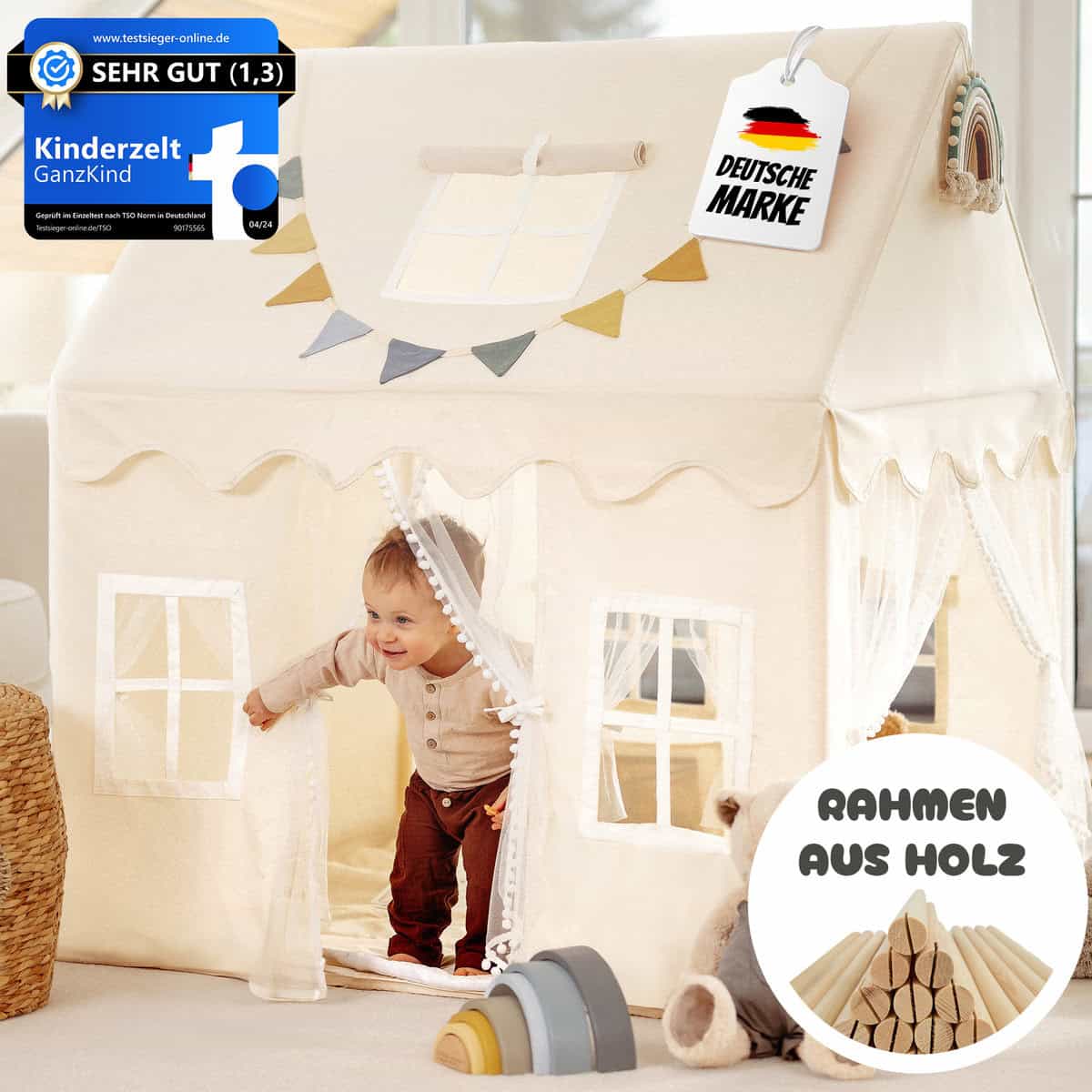 GANZKIND® Spielhaus Kinder Indoor mit 2 Eingängen & 5 Fenstern | Kinderzelt für Drinnen, Spielzelt, Kinderspielhaus, Kinderhaus, Zelt Kinderzimmer | Mädchen & Jungen ab 3 Jahre